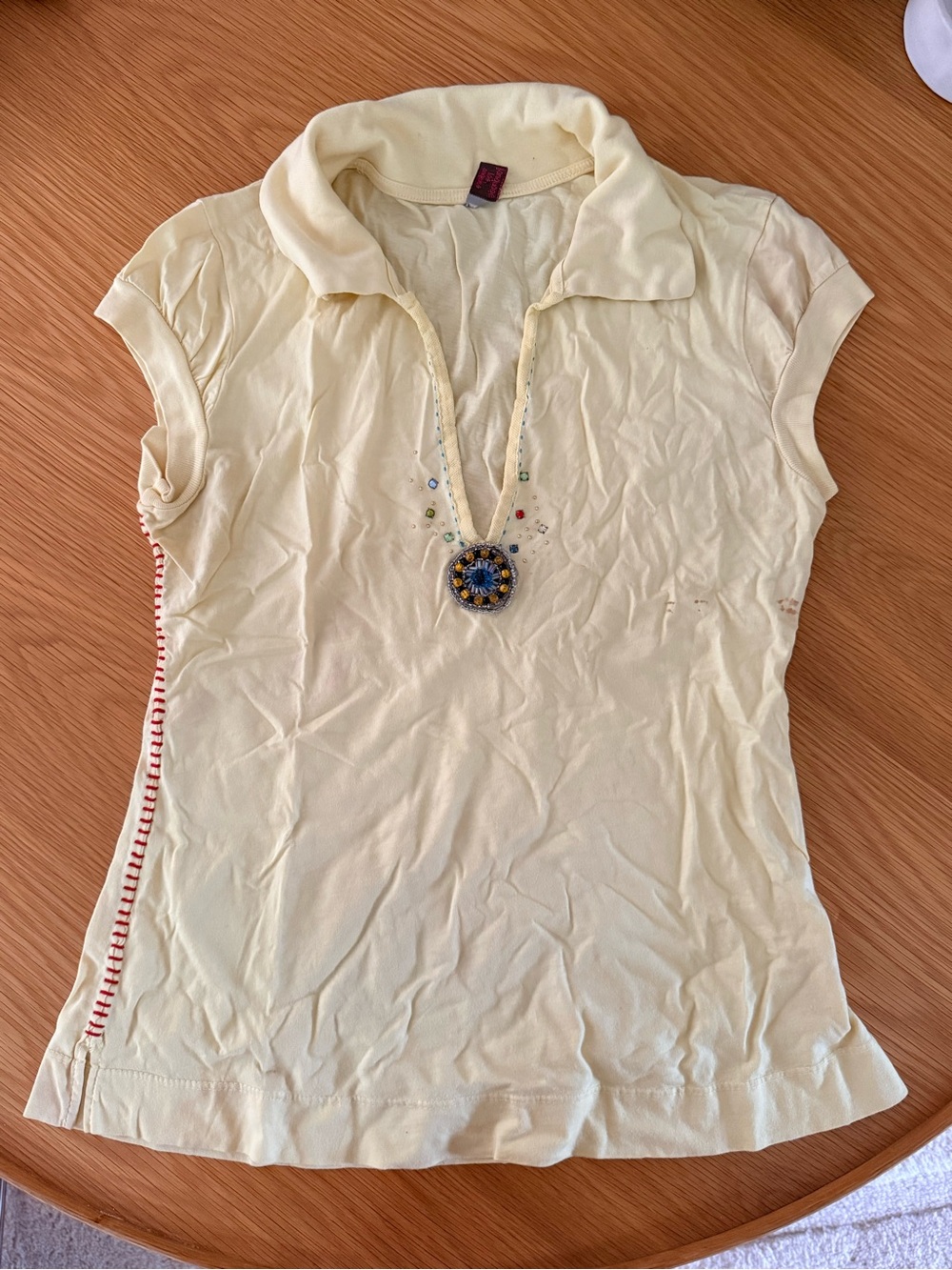 Vintage Language Light Yellow Embellished Polo-Style Women's Top